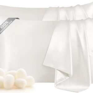 THXSILK Set of 2 100% Silk Pillowcase for Hair and Skin, Both Sides Grade 6A+ Mulberry Silk Pillow Case with Hidden Zipper, Soft and Smooth White Pillowcase, Queen Size 20″x30″