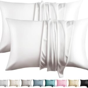 100% Silk Pillow Cases 2 Pack Queen Size Mulberry Silk Pillowcase for Hair and Skin Set of 2 Highest Grade 6A Silk Soft Breathable Cooling with Hidden Zipper, White