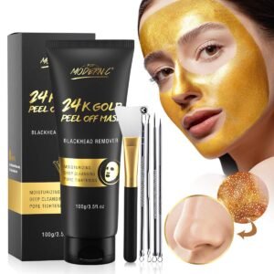 Blackhead Remover Mask, 24K Gold Peel Off Mask, Gold Facial Mask Anti-Aging, Deep Cleansing, Reduces Fine Lines& Wrinkles Great for All Skin, With Blackhead Remover Extractor Tools Kit & Mask Brush
