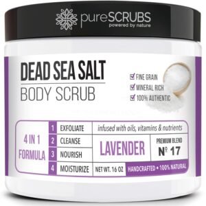 pureSCRUBS Premium Lavender Body Scrub Set – Large 16oz Dead Sea Salt Body Scrub With Infused Essential Oils & Nutrients, Includes Wooden Spoon, Loofah & Oatmeal Exfoliating Bar Soap