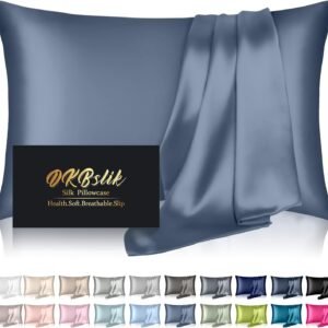 Silk Pillowcase for Hair and Skin, Mulberry Silk Pillow Cases Standard Size, Anti Acne Cooling Sleep Both Sides Natural Silk Satin Pillow Covers with Hidden Zipper, Gifts for Women Men, Ash Blue