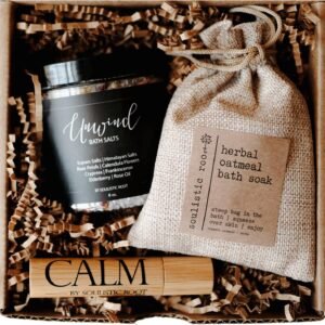 Relaxing Bath Gift Set, Luxury Spa Gifts for Women, Self Care Products for Women and Men, Calm Essential Oil Roller, Oatmeal Lavender Bath Soak & Epsom Salts with Essential Oils