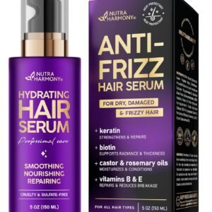 Hydrating Hair Serum for Frizzy and Damaged Hair – Keratin Hair Treatment for Dry Damaged Hair w/ Biotin, Castor Oil, Rosemary Oil, Hair Heat Protectant & Anti Frizz Hair Serum For Frizzy Hair, 5 Oz